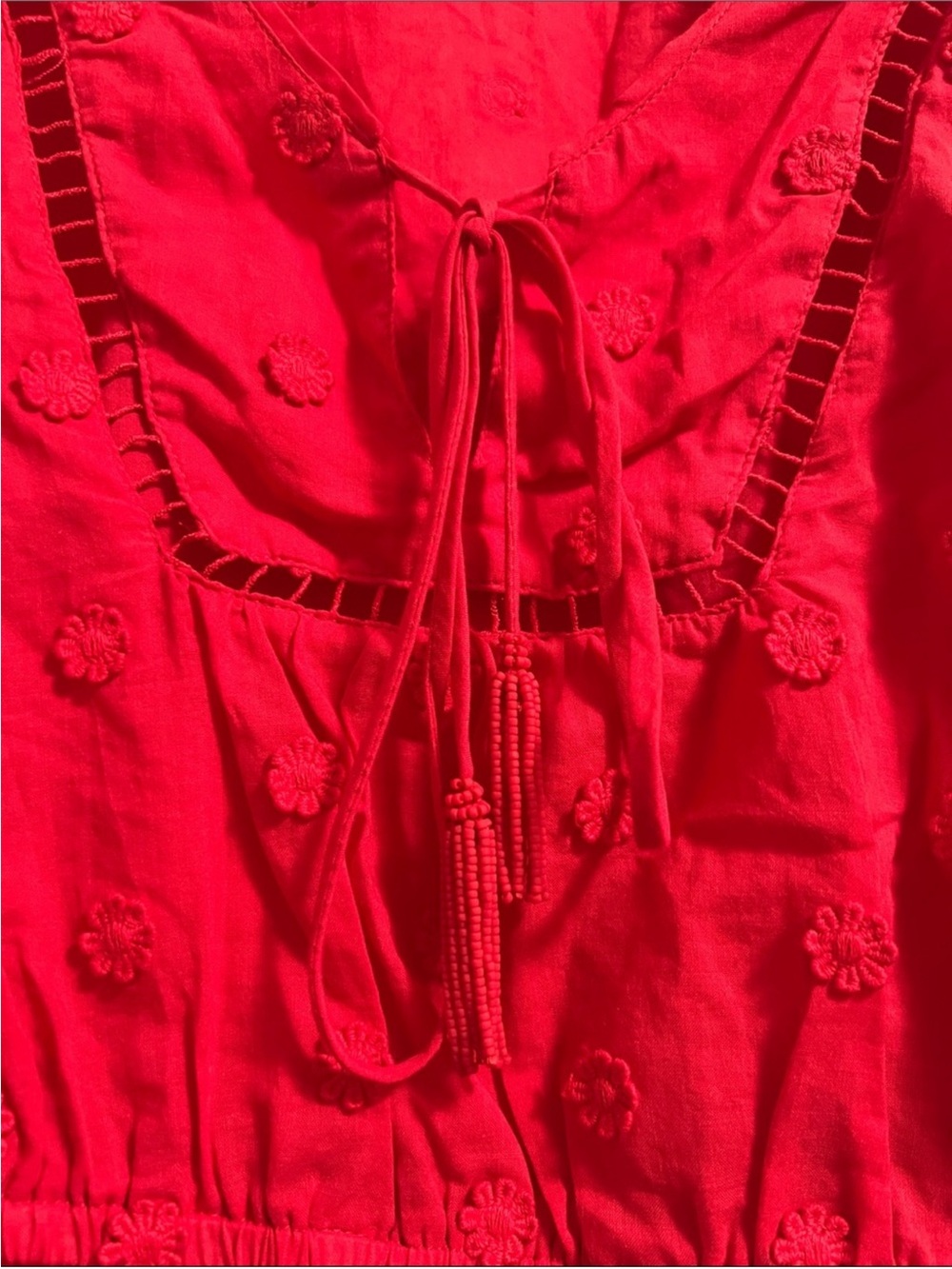 FARM Rio Bright Red Embroidered Tie-Front 100% Cotton Peasant Blouse Medium - Picture 3 of 10